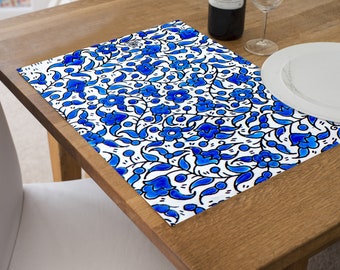 Blue Vinyl Placemats Set: 2-12, Ethnic Style Table Decor, New Home Gift Idea