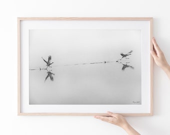 Minimalist Crane Print: Black and White Wildlife Photography, Hula Lake