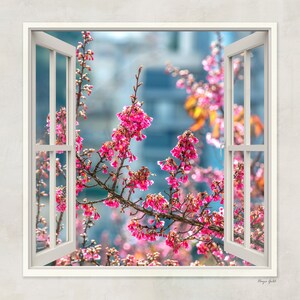 桜の窓辺のウォールアート – 寝室やリビングルームの装飾に最適なピンクの花のキャンバス