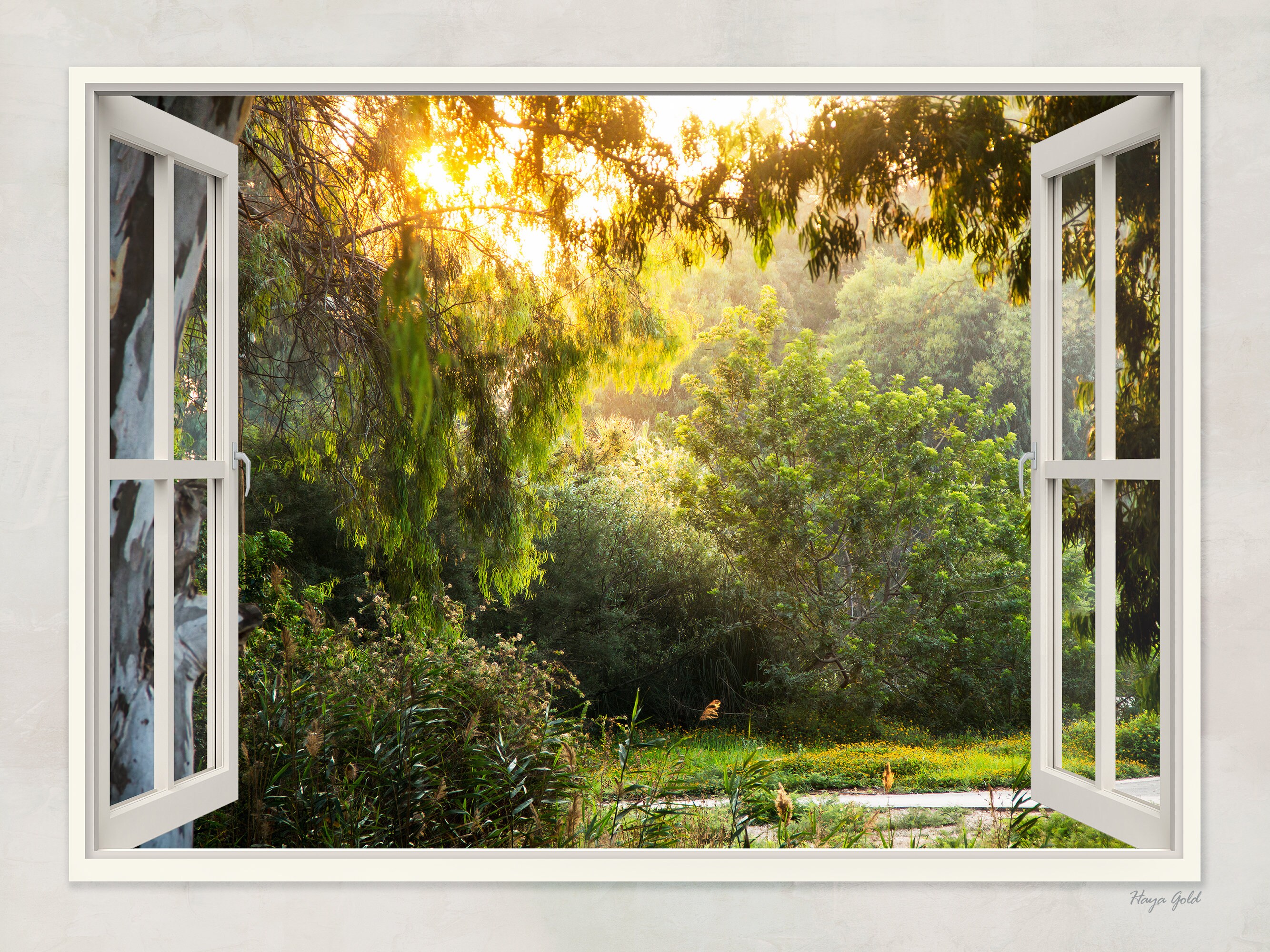 Vinilo Mural Grande 36x48 Pulgadas - Vista De Ventana Abierta Con Hierba Verde Y Primavera, Efecto 3D