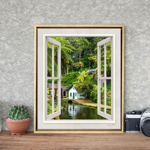 Grünes Land Landschaftsfotografie offene Fenster Ansicht, Fensterbild auf Leinwand, Fensterbild aufhängefertig, für die Küche Wanddekoration