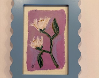 Purple Daisy No. 2, Original Oil Pastel Flower 4x6, White Daisies on Purple, Small Floral Wall Art, Botanical Art, Romantic Gift
