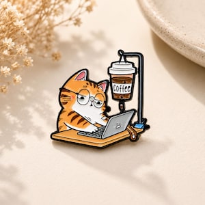 Working Cat Enamel Pin, Funny Coffee Cat Brooch, Cute Programmer Cat Lapel Pin, Office Desk Cat Badge, Zinc Alloy Gift for Cat Lovers