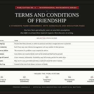 May include: A black document titled Terms and Conditions of Friendship, a standard form agreement. It lists selected provisions like Catching Up, Non-Exclusivity, and Liability Cap, with sections detailing four tiers of friendship and an execution page.