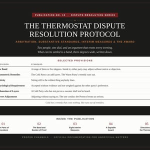 May include: A black document titled The Thermostat Dispute Resolution Protocol, Publication No. 15. It features a table of Selected Provisions including The Band, Asymmetric Remedies, Activity, Physiological Requirement, Exhaustion of Layers, and Covert Adjustment.