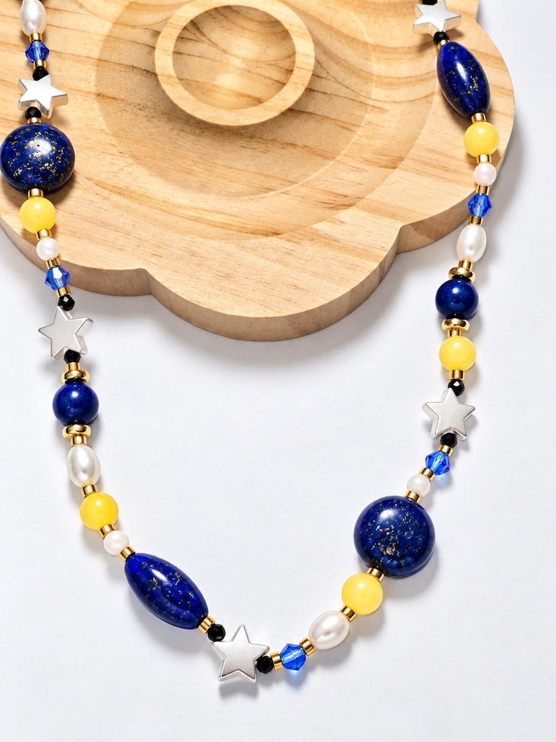Yellow Card Small Iris Isis Necklace, Lapis Lazuli Yellow Agate Beaded Jewelry, 18K Gold ...