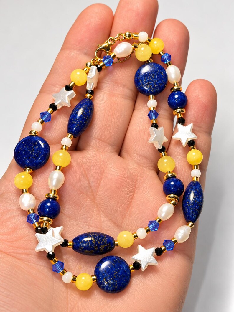 Yellow Card Small Iris Isis Necklace, Lapis Lazuli Yellow Agate Beaded Jewelry, 18K Gold ...