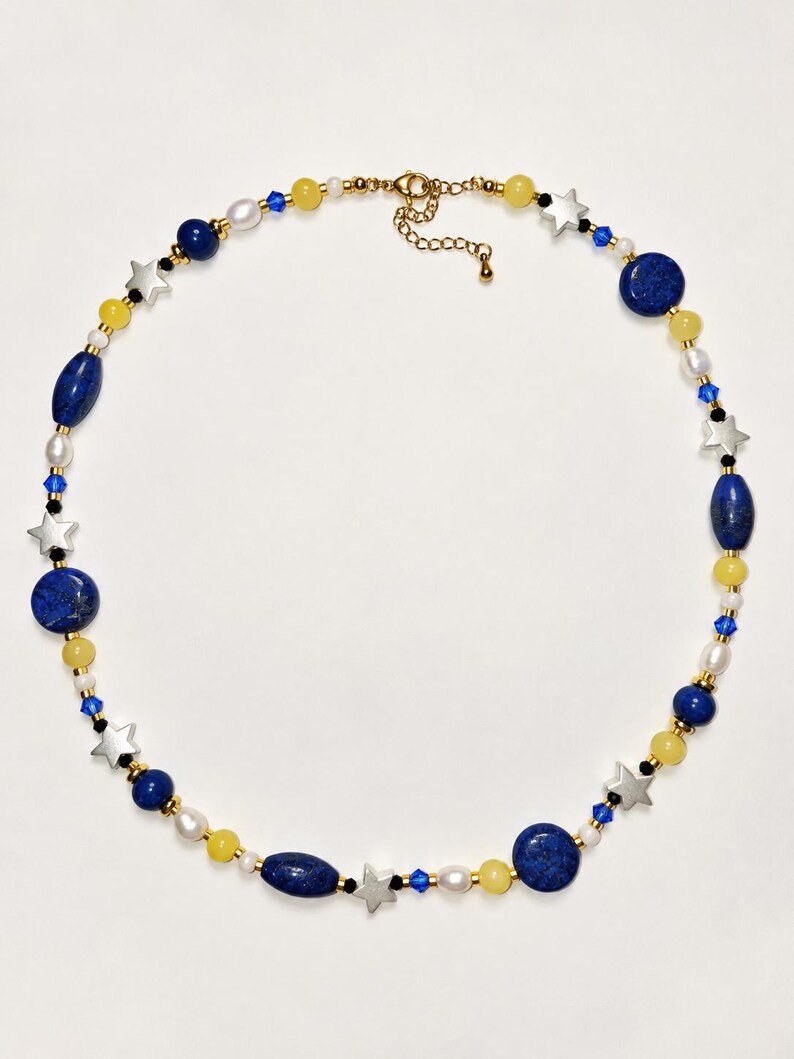 Yellow Card Small Iris Isis Necklace, Lapis Lazuli Yellow Agate Beaded Jewelry, 18K Gold ...