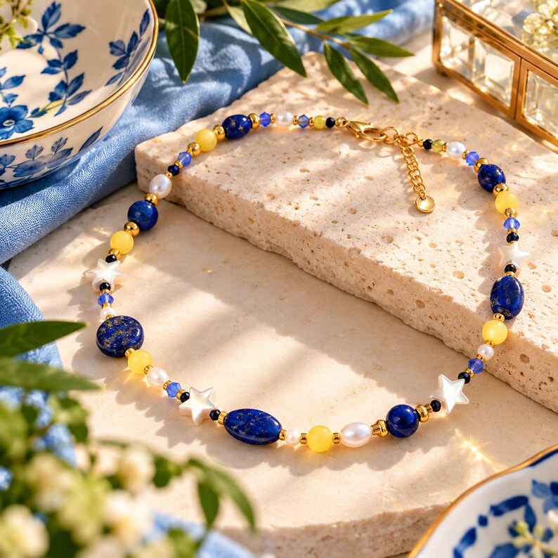 Yellow Card Small Iris Isis Necklace, Lapis Lazuli Yellow Agate Beaded Jewelry, 18K Gold ...