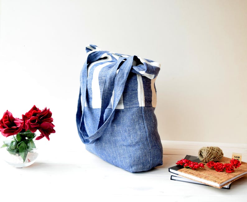beach bag sac cabas canvas tote flax sac en lin Canvas tote bag Shopper bag Light blue tote farmers market bag market Bag Linen bag
