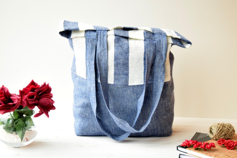 beach bag sac cabas canvas tote flax sac en lin Canvas tote bag Shopper bag Light blue tote farmers market bag market Bag Linen bag
