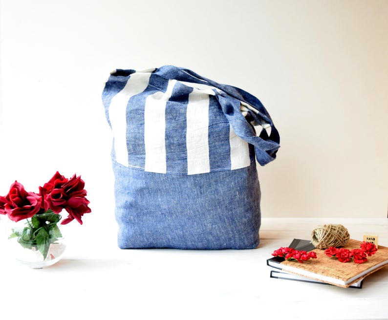 beach bag sac cabas canvas tote flax sac en lin Canvas tote bag Shopper bag Light blue tote farmers market bag market Bag Linen bag