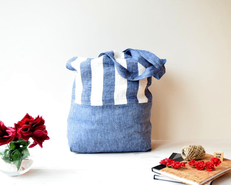 beach bag sac cabas canvas tote flax sac en lin Canvas tote bag Shopper bag Light blue tote farmers market bag market Bag Linen bag