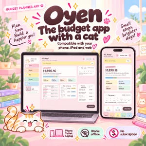 Pode incluir: Uma interface digital para o aplicativo de orçamento Oyen exibida em um laptop e smartphone. A tela mostra dados financeiros, incluindo receitas, despesas e contas. O texto inclui Oyen e The budget app with a cat e mais detalhes.