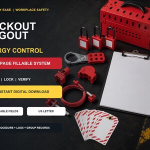 May include: A lockout tagout energy control kit featuring a red metal toolbox, three red padlocks, a metal hasp, a red cable lock, and a clipboard with blank paper. Includes white and red striped tags with text: EVERYDAY EASE, WORKPLACE SAFETY, LOCKOUT TAGOUT, ENERGY CONTROL, 8-PAGE FILLABLE SYSTEM, ISOLATE, LOCK, VERIFY, INSTANT DIGITAL DOWNLOAD, 392 FILLABLE FIELDS, US LETTER, PROCEDURE + LOGS + GROUP RECORDS.