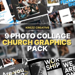 Może przedstawiać: Cyfrowy pakiet projektów graficznych zatytułowany 9 PHOTO COLLAGE CHURCH GRAPHICS PACK od KREZZ CREATIVE. Wyświetlacz zawiera wiele układów z czarno-białymi fotografiami, pogrubioną typografią i nakładkami tekstowymi, w tym CHOSEN, WORSHIP i Are you Ready?