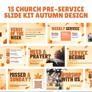 Op de afbeelding: Een digitale set van 15 kerk-presentatiedia's met een herfstontwerp, oranje esdoornbladeren, bruine tekst en diverse lay-outs zoals Verse of the Week, Weekly Service, Need a Prayer, Service Begins en Missed a Sunday.