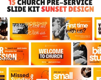 15 Church Announcement Slides | Sunset Pre-Service Canva Templates | Warm Sunday Church (Digital Download)