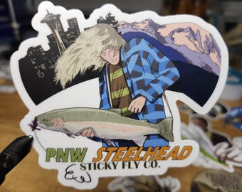 Grunge Steelhead Fly Fishing Seattle Mt. Rainier Pacific Northwest Sticker