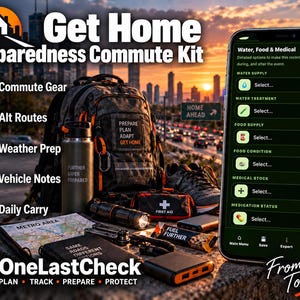 May include: A Get Home Preparedness Commute Kit featuring a grey backpack with orange accents, a water bottle, a first aid kit, a torch, a map, and a smartphone displaying a Water, Food & Medical tracking app with various selection menus.