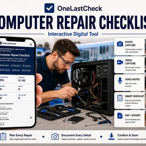May include: A digital tool titled OneLastCheck Computer Repair Checklist displayed on a smartphone screen, featuring sections for photo capture, video capture, voice notes, smart checklists, and PDF export options for documenting computer repairs.