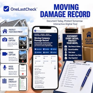 May include: A smartphone displaying the OneLastCheck Moving Company Damage Record app interface, featuring move details, item counts, and checklists. Beside it, a physical Moving Damage Checklist clipboard with a blue pen and a sign.