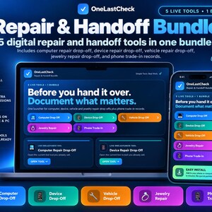 May include: A digital product bundle titled OneLastCheck, displayed on a laptop and smartphone screen. The interface features five tools for computer, device, vehicle, and jewelry repair drop-offs, plus phone trade-in records, with blue, green, orange, purple, and pink color-coded buttons.