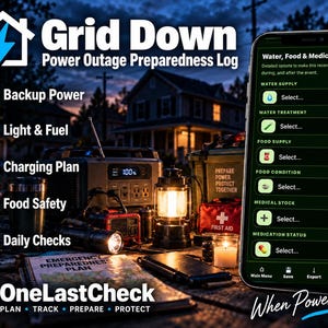 May include: A digital Grid Down Power Outage Preparedness Log displayed on a smartphone screen, featuring categories for water, food, and medical supplies. The background shows emergency gear including a portable power station, lantern, and flashlight.