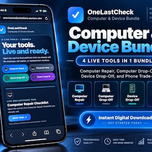 May include: A smartphone displaying the OneLastCheck Computer & Device Bundle website. The screen shows four live tools: Computer Repair, Computer Drop-Off, Device Drop-Off, and Phone Trade-In. The interface features blue and dark themes with text.