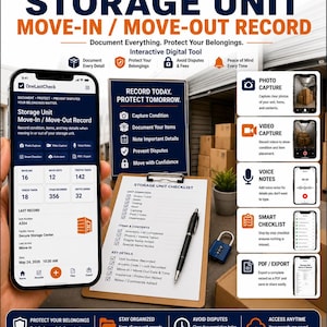 May include: A digital storage unit move-in and move-out record tool displayed on a smartphone screen, alongside a physical clipboard with a storage unit checklist, a blue padlock, and informational graphics detailing photo, video, and voice note features.