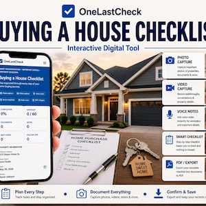 May include: A digital tool titled OneLastCheck Buying a House Checklist displayed on a smartphone screen, featuring a house image, a paper checklist, a pen, and keys with a house-shaped tag. The interface shows property details and progress tracking.