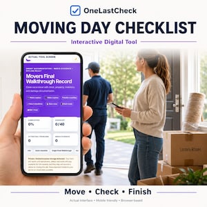 May include: A digital moving day checklist tool displayed on a smartphone screen. The interface features a purple header with the text Movers Final Walkthrough Record, followed by icons for photo, video, and audio capture, and progress trackers.