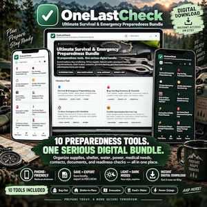 May include: A digital survival and emergency preparedness bundle displayed on a laptop and two smartphones. The interface features tools like a bug-out bag inventory, 72-hour kit checklist, and evacuation planner. Text includes OneLastCheck and 10 Preparedness Tools.