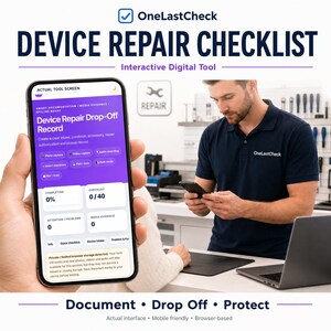 May include: A smartphone screen displaying the OneLastCheck Device Repair Drop-Off Record interface with purple and white sections, featuring buttons for photo capture, video capture, audio recording, smart checklists, auto-save, and dark mode.