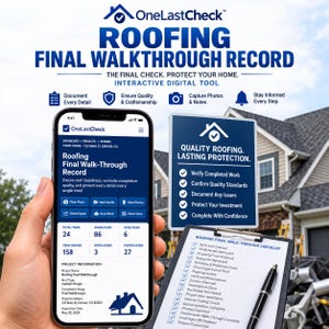 May include: A smartphone displaying the OneLastCheck Roofing Final Walkthrough Record app interface, alongside a physical clipboard with a printed checklist, featuring blue and white branding, text details, and icons for digital roofing project management.