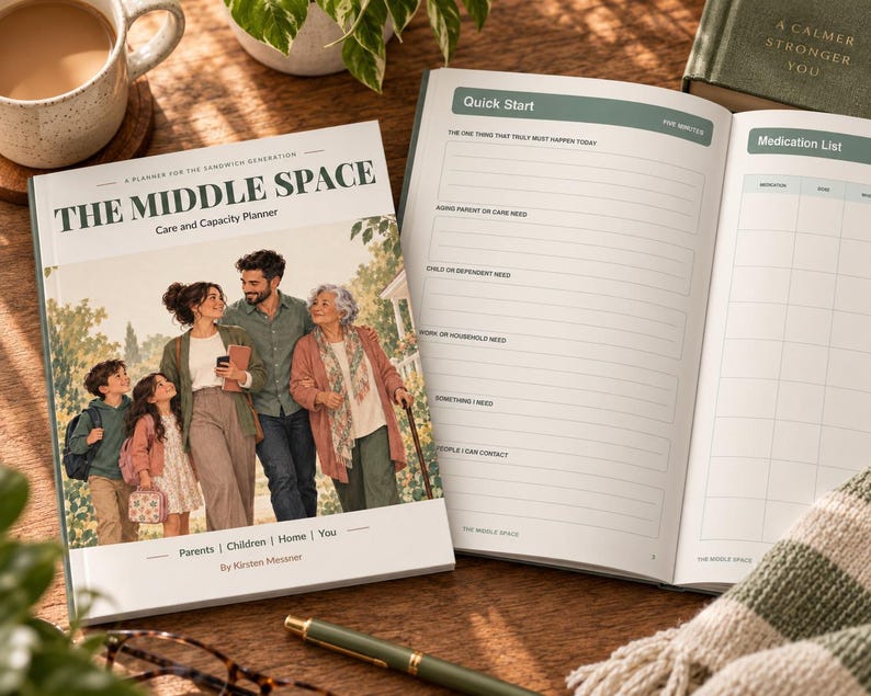 May include: A planner titled The Middle Space with a cover illustration of a multi-generational family. The open planner displays a Quick Start page with lined sections for daily tasks and a Medication List table with columns for medication and dose.