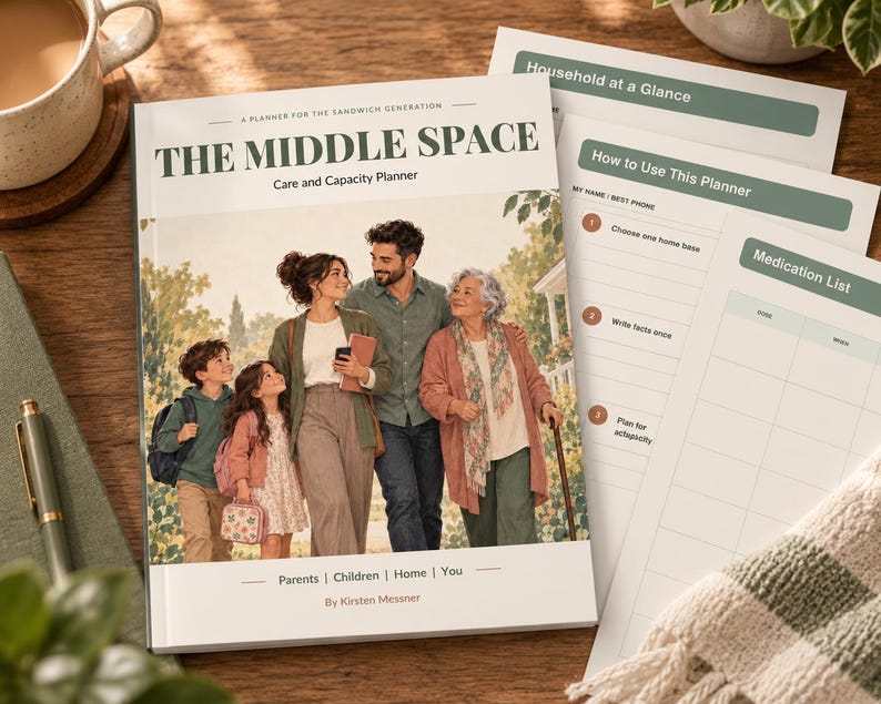 May include: A softcover planner titled The Middle Space: Care and Capacity Planner by Kirsten Messner. The cover features an illustration of a multi-generational family. Included are loose-leaf pages with headers like Household at a Glance and Medication List.