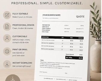 Quote & Estimate Template for Small Business | Editable Word Google Docs | Printable Service Quote