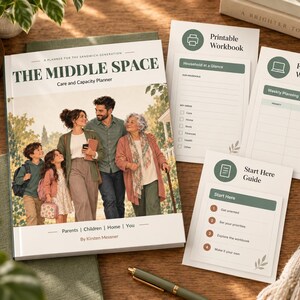 May include: A planner titled The Middle Space Care and Capacity Planner by Kirsten Messner featuring a cover image of a multi-generational family. Included are three supplementary documents labeled Printable Workbook, Fillable Workbook, and Start Here Guide.