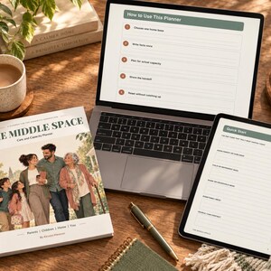 May include: A planner titled The Middle Space with a cover illustration of a family, a laptop displaying a How to Use This Planner guide, and a tablet showing a Quick Start form. The set includes a pen and a notebook on a wooden surface.