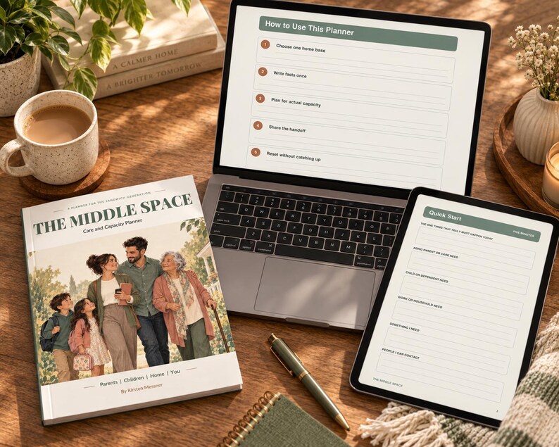 May include: A planner titled The Middle Space with a cover illustration of a family, a laptop displaying a How to Use This Planner guide, and a tablet showing a Quick Start form. The set includes a pen and a notebook on a wooden surface.
