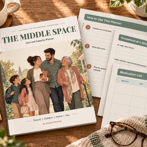 May include: A planner titled The Middle Space: Care and Capacity Planner by Kirsten Messiner, featuring an illustration of a multi-generational family. The set includes internal pages with sections labeled How to Use This Planner, Household at a Glance, and Medication List.