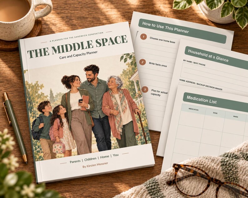 May include: A planner titled The Middle Space: Care and Capacity Planner by Kirsten Messiner, featuring an illustration of a multi-generational family. The set includes internal pages with sections labeled How to Use This Planner, Household at a Glance, and Medication List.