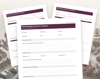 Wedding Photography Contract & Client Forms | 16 Editable Templates | Shot List, Timeline, Model Release | Word