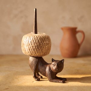 Cat Twine Holder, Cast Iron String Dispenser, Rustic Kitchen Garden Decor, Craft Room Countertop Accent, Gardener Housewarming Gift