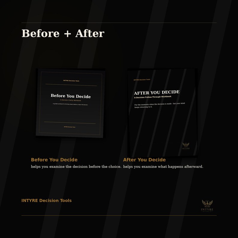 Companion positioning image showing Before You Decide and After You Decide as separate printable decision tools for before and after a choice.