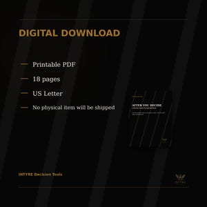 Digital download notice for After You Decide showing that the product is a printable PDF workbook, 18 pages, US Letter size, with no physical item shipped.