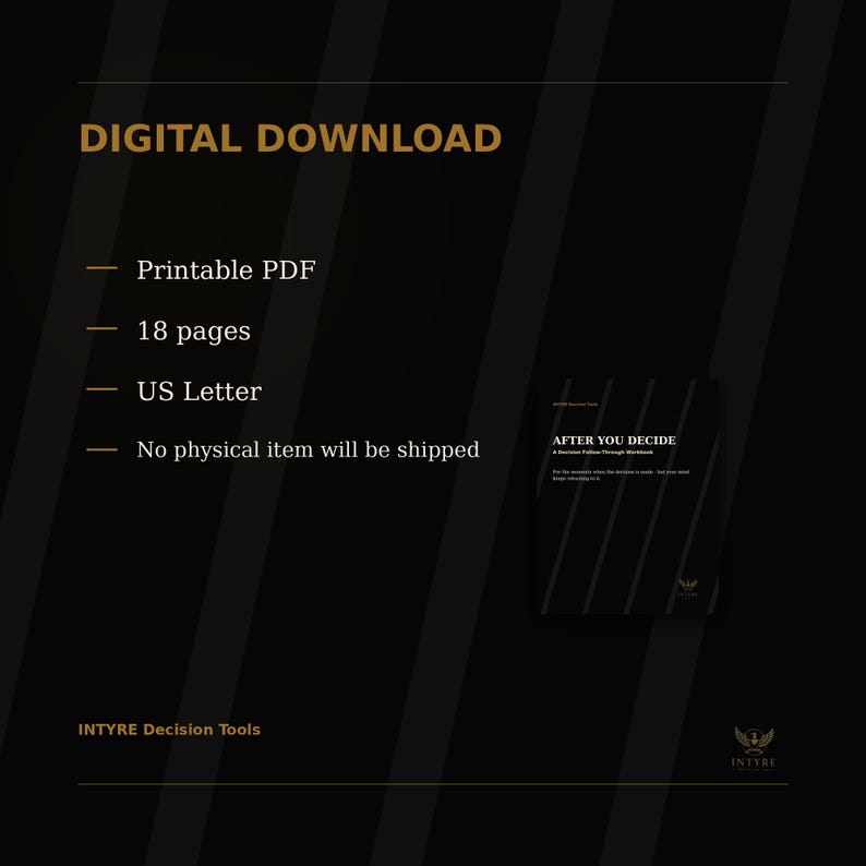 Digital download notice for After You Decide showing that the product is a printable PDF workbook, 18 pages, US Letter size, with no physical item shipped.