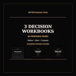 Pode incluir: Um pacote de produtos digitais preto intitulado INTYRE Decision Tools contendo 3 pastas de trabalho de decisão com 46 páginas imprimíveis. O texto inclui Before, After, Compare, Complete Decision Bundle, Before You Decide, Post-Decision Workbook e Before + After Decision Guide.