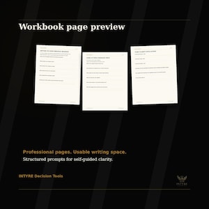 Preview of printable workbook pages from After You Decide with structured writing space for decision reflection and follow-through.